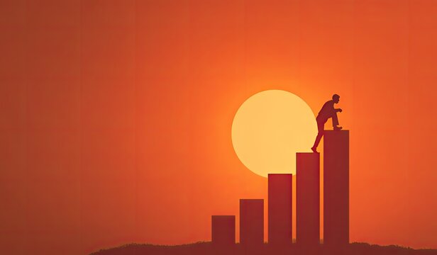 Businessman Climbs Upward Bar Graph at Sunset Symbolizing Business Growth