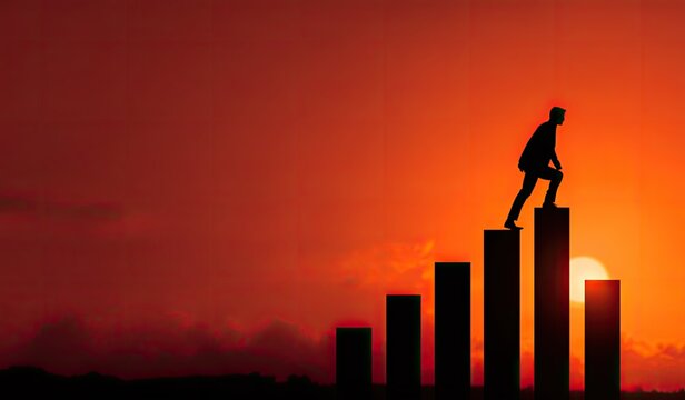 Businessman Climbing Bar Graph at Sunset Symbolizes Business Growth Success