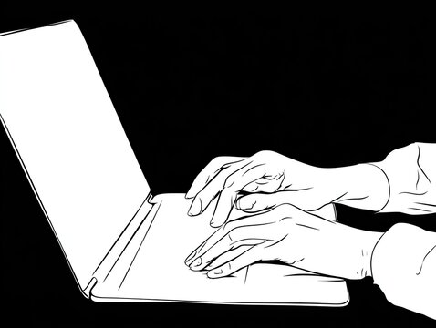Hands Typing on Laptop Simple Line Drawing Business Concept