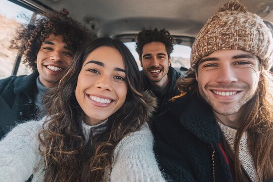 Four Smiling Friends Taking a Car Selfie Together During a Road Trip