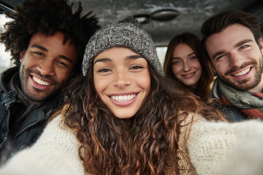 Diverse Friends Take Car Selfie During Road Trip Travel Adventure