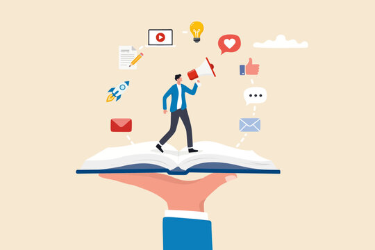 Content marketing concept with businessman on open book, Vector, illustration