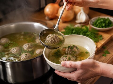 Fleischkl&ouml;&szlig;chensuppe wird hei&szlig; serviert: Eine Kelle f&uuml;llt klare Br&uuml;he mit Fleischkl&ouml;&szlig;chen in eine Schale &ndash; traditionelle deutsche Suppenk&uuml;che und klassischer Hausmannskost-Moment.