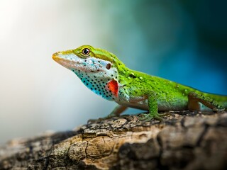 Fototapeta premium Close-up green iguana with red spot perched on weathered rock in natural habitat
