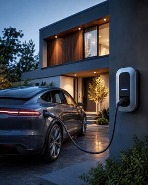 Electric car charging at modern house at dusk
