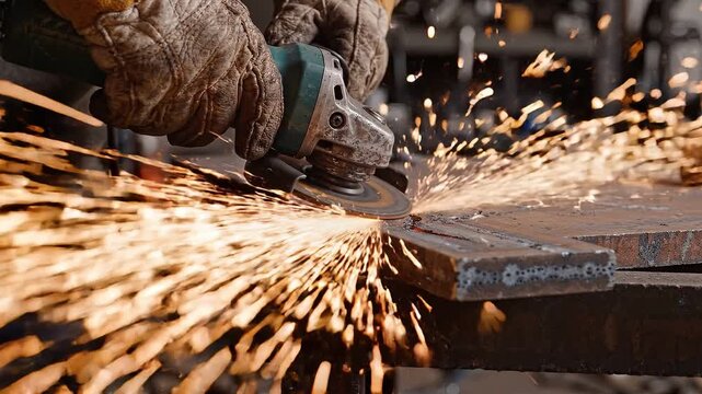 Welder man using electric angle grinder on metal plate. Sparks fly from abrasive tool. Industrial manufacturing process in workshop. Heavy labor construction activity.