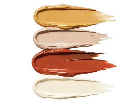 Four diverse liquid foundation makeup swatches on white background