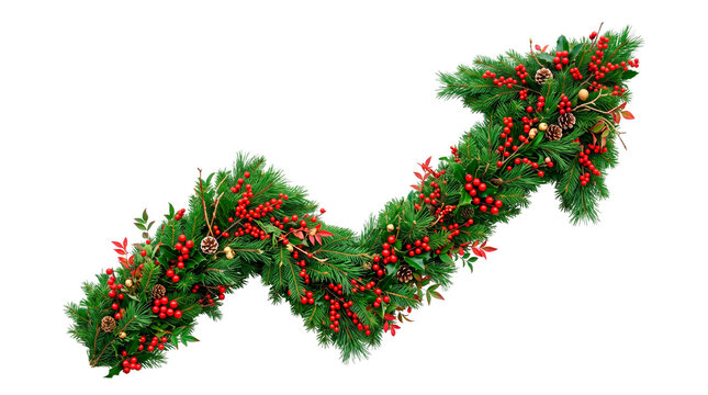 Christmas garland shaped like an upward trending arrow with pine needles holly berries and pine cones PNG Isolated on transparent background