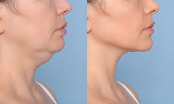 Before and after double chin reduction treatment profile view, non invasive submental fat removal jawline contouring comparison