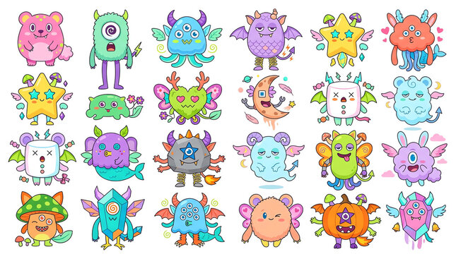 Cute doodle monsters sticker set. Colorful cartoon creatures illustration. Adorable characters for kids design, scrapbooking, games, cute collection.