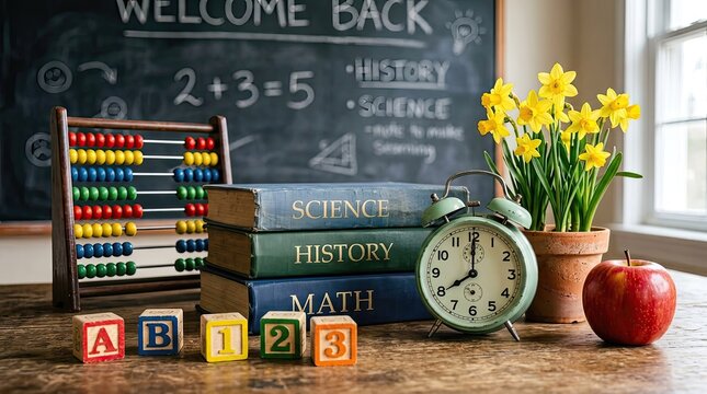 Educational classroom desk with school supplies, books, an abacus, an apple, and a clock on a wooden table in front of a chalkboard