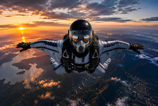 Wingsuit skydiver flying high above coastal mountains and clouds at golden hour, extreme adventure and adrenaline sport stock photo.