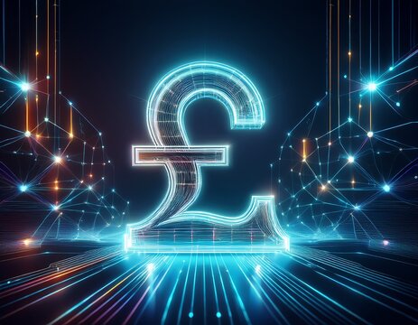 glowing british pound symbol with futuristic network connections
