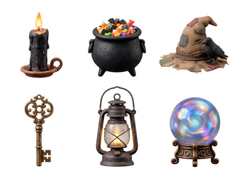 Halloween collection of spooky objects including a cauldron with candy, a witch hat with a crow, a black candle, an antique key, a lantern, and a crystal ball PNG Isolated on transparent background