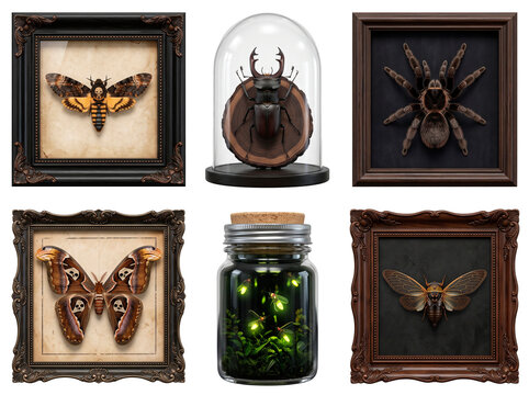 Spooky Halloween Insect Collection Displayed in Ornate Frames and Jars PNG Isolated on transparent background