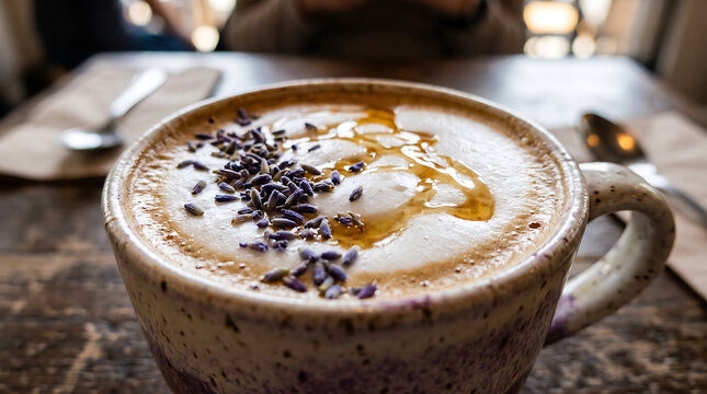 Warm Honey Lavender Latte with Steamed Milk Foam and Dried Lavender Buds Close-Up