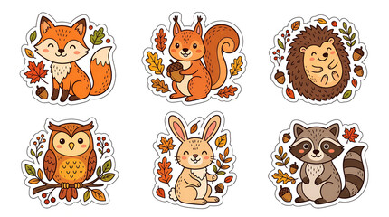 Fototapeta premium Cute Color Autumn Woodland Animal Sticker Set with Fox Squirrel Hedgehog Owl Rabbit and Raccoon