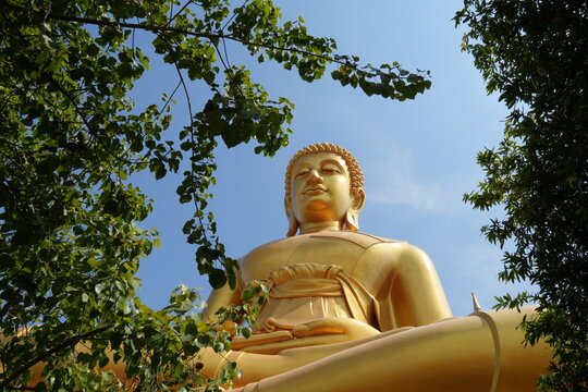 Big Buddha at Wat Paknam in Thailand surrounded by trees under the blue sky