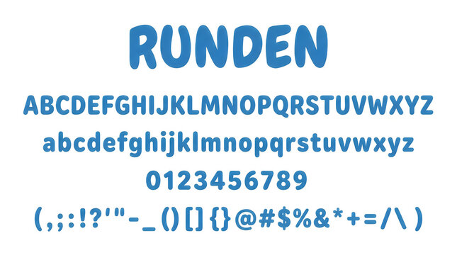 Runden modern font alphabet with uppercase lowercase letters numbers and symbols set