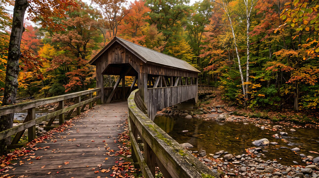 Breathtaking autumn landscape featuring a historic wooden covered bridge spanning a serene forest stream surrounded by vibrant orange yellow and red fall foliage a perfect tranquil nature scene