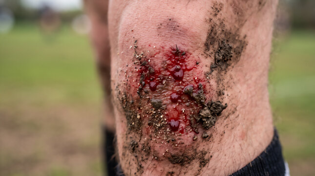 Close-up of a bleeding and muddy scraped knee after an outdoor fall