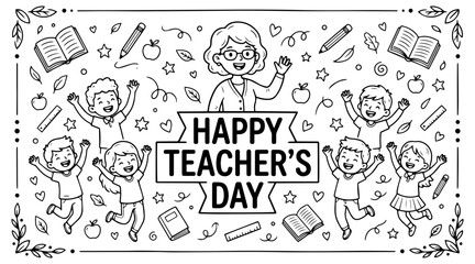 Happy teachers day illustration with smiling students and school supplies in a hand drawn doodle style
