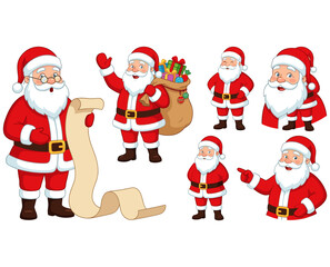 Cute cartoon Santa Claus character vector set reading long scroll list waving holding sack with toys and pointing happy greetings (21 words) © MD  POLAS