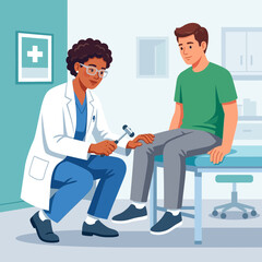 Obraz premium Doctor performs neurological reflex test on patient with reflex hammer in examination room