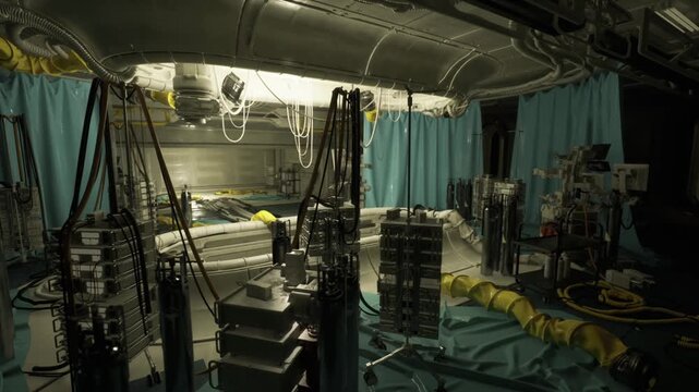 Configured evacuation bay with partitions, stacked supply towers, hanging support frames and floor tarps, functional palette and directional lighting