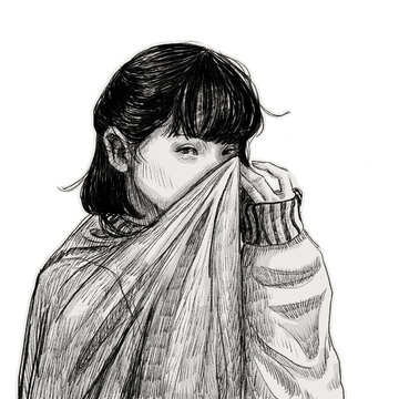 Shy Expression: A young woman peeks from behind a light fabric, her eyes conveying a sense of shyness and introspection in this black and white sketch.