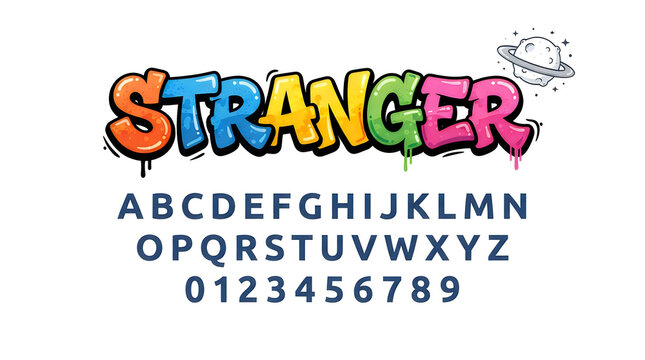 Colorful graffiti style stranger things text with dripping paint effect and alphabet letters below