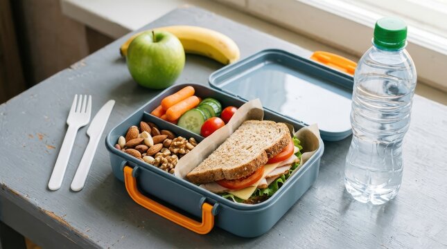 A healthy lunch box containing a whole grain sandwich fresh vegetables and nuts with a bottle of water nearby