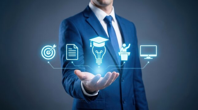 A businessman in a suit holding a digital projection of various professional development and online education icons in his hand