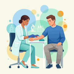 Fototapeta premium Nurse taking blood sample from patient for medical test, vector illustration with laboratory elements