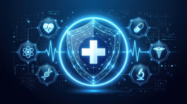 Digital healthcare background with a glowing medical shield icon surrounded by various clinical symbols and abstract data network lines