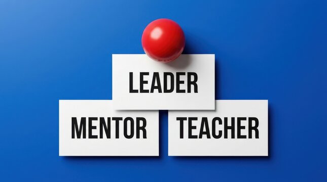 Three white paper notes with the words leader mentor and teacher pinned to a vibrant blue background for business concepts