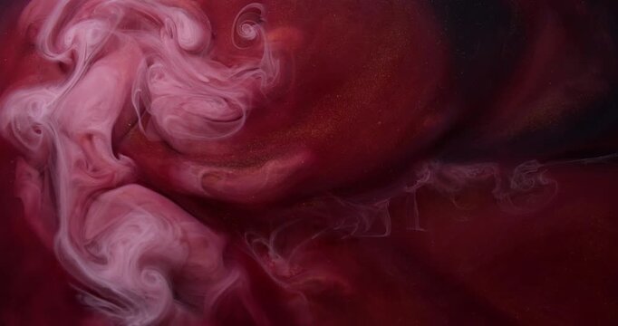 Fume explosion. Steam flow. Sparkling mist emulsion twist stream hypnotic paint blend. Dissolve white red dark fluid abstract color background.