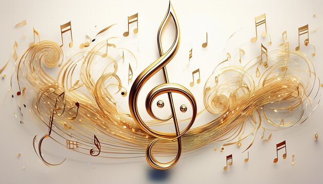 musical notes dancing around golden treble clef symbolizing melodic rhythm floating on white background