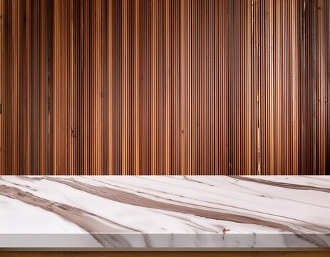 white marble kitchen countertop for product presentation mockup of empty stone countertop on brown wall panels background with vertical wooden slats