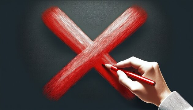 hand drawing a red x mark indicating error cancellation wrong choice decline or exit symbol