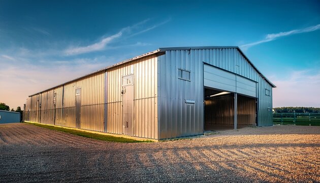a large contemporary farm shed with a metal exterior