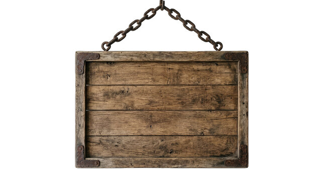 Rustic wooden sign hanging on metal chains for halloween decoration isolated on transparent background
