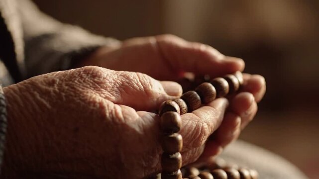 Elderly woman holding wooden prayer beads. Hands of senior devotee counting rosary for meditation and mindfulness. Spiritual practice and faith concept in prayer.