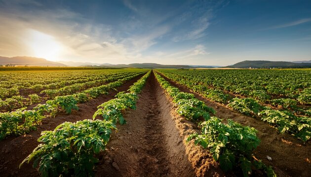 ow angle view through rows of potato plants green leafy crops planted in straight lines farmland stretching far into the distance warm natural light