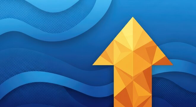 A dynamic orange low-poly arrow pointing upwards against a layered blue background illustrating abstract growth and success