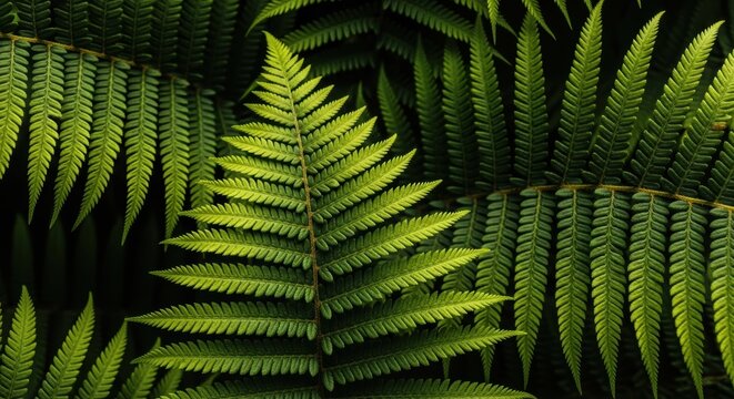 A macro close-up view of vibrant green fern leaves showcasing intricate symmetrical patterns and organic textures in nature