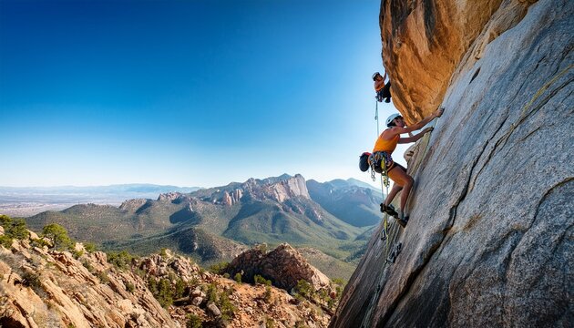 rock climbing ascent two climbers ascend a rugged rock face hands chalked and gripping tightly with a breathtaking mountainous landscape stretching out below under a clear blue sky