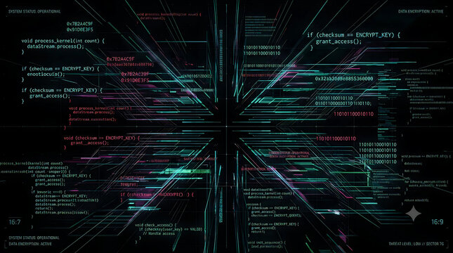 Abstract Digital Data Stream of Code and Binary in Cyan and Magenta Neon Cyber Void