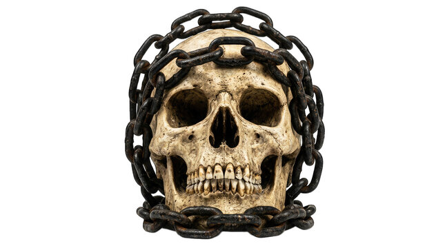 Scary human skull wrapped in heavy rusty metal chains for halloween isolated on transparent background