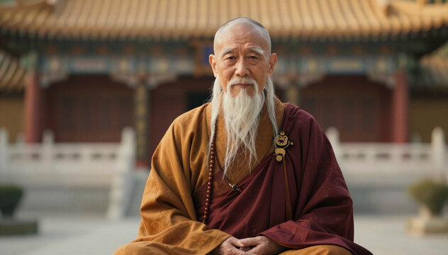Elder asian monk meditating peacefully outside temple